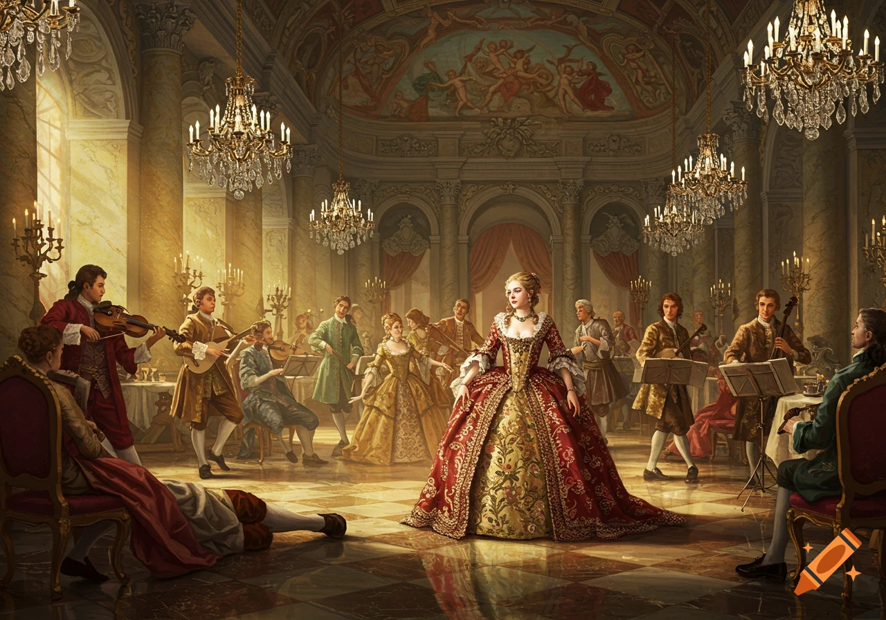 Baroque painting of elegantly dressed people playing music and dancing in a grand, ornate hall with chandeliers and a frescoed ceiling.