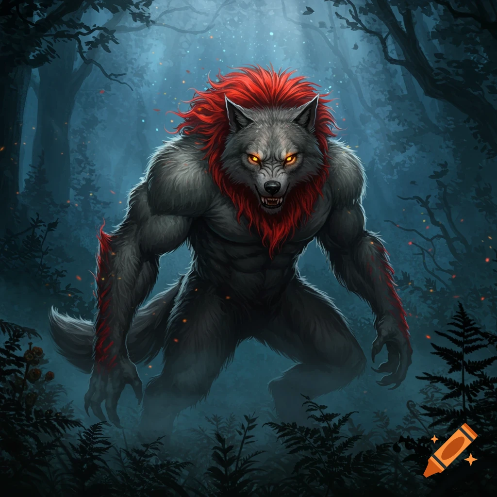 A powerful grey werewolf with a fiery red mane and glowing yellow eyes stands in a dark, misty forest, digital art.
