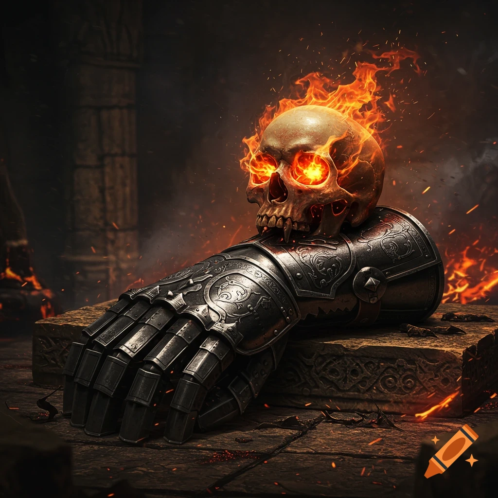 A fiery skull with glowing orange eyes rests on a dark, ornate armored gauntlet, with fire sparks in a smoky, dark background.