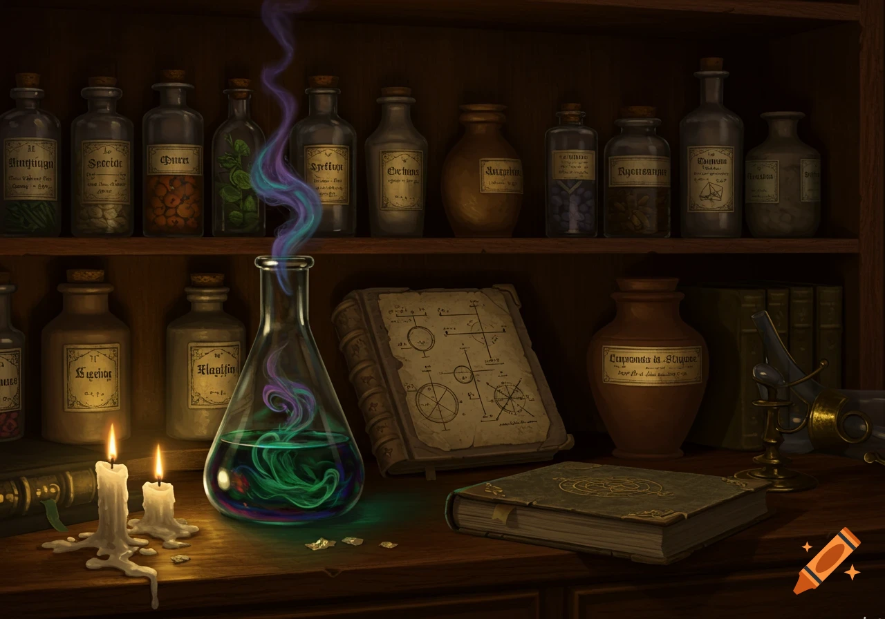 A dimly lit alchemist's lab with shelves of potion bottles, glowing green liquid bubbling in a flask, open spellbooks, and burning candles on a wooden desk.
