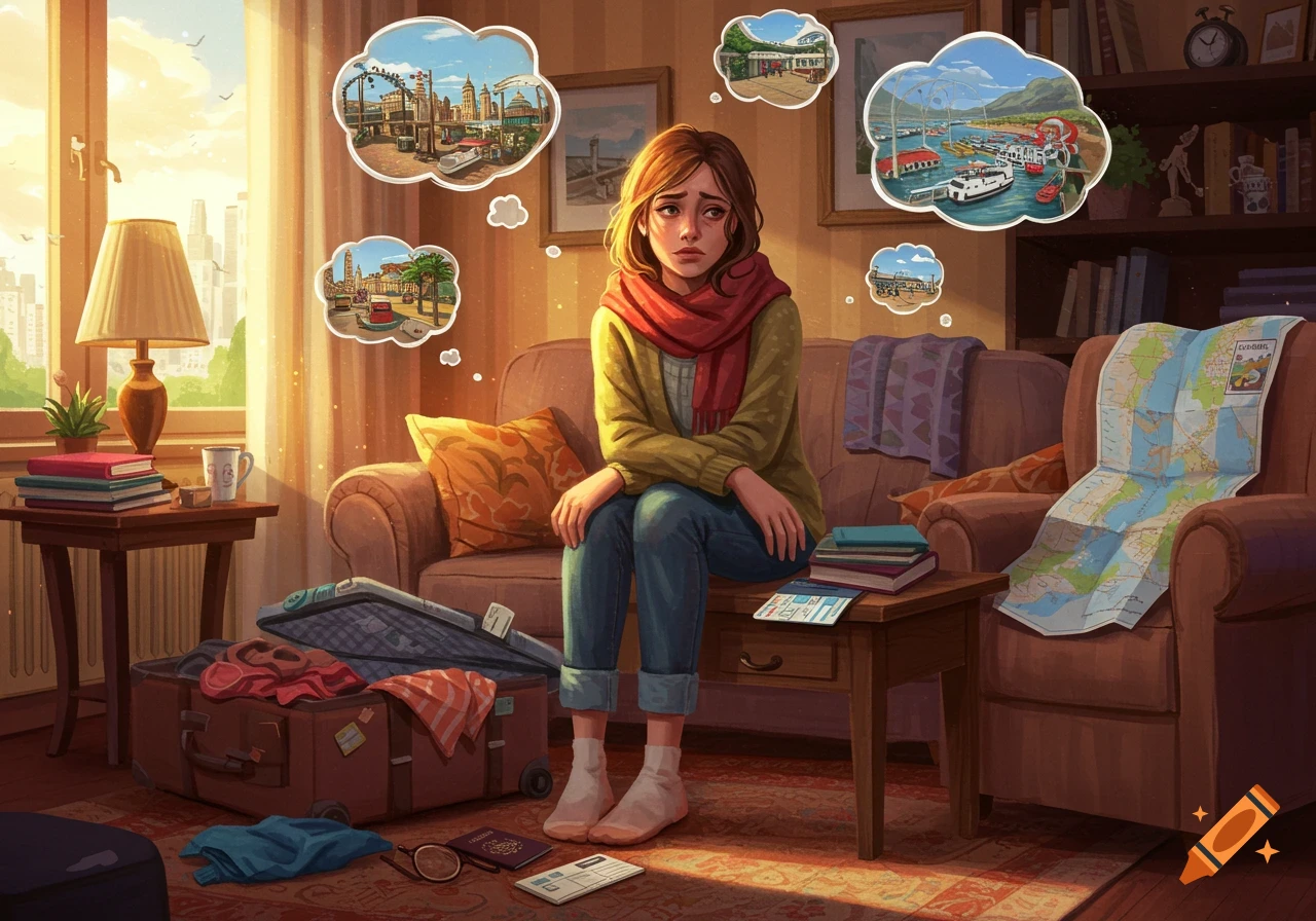 A sad woman sits on a couch, surrounded by unpacked luggage and a map, with thought bubbles depicting travel scenes above her head in a warm, semi-realistic illustration.