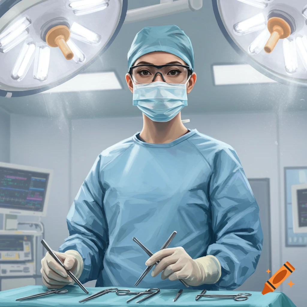 An illustration of a surgeon in blue scrubs, mask, and goggles, holding surgical tools in an operating room under bright lights.