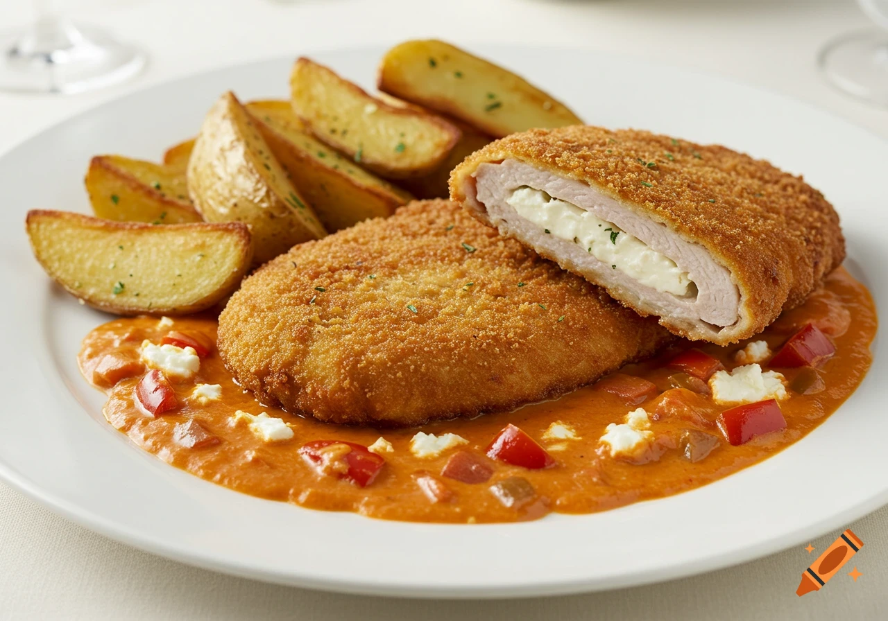 A golden-brown Cordon Bleu cutlet, one cut open to show creamy feta cheese filling, served with potato wedges and a tomato-red pepper sauce on a white plate, photorealistic.