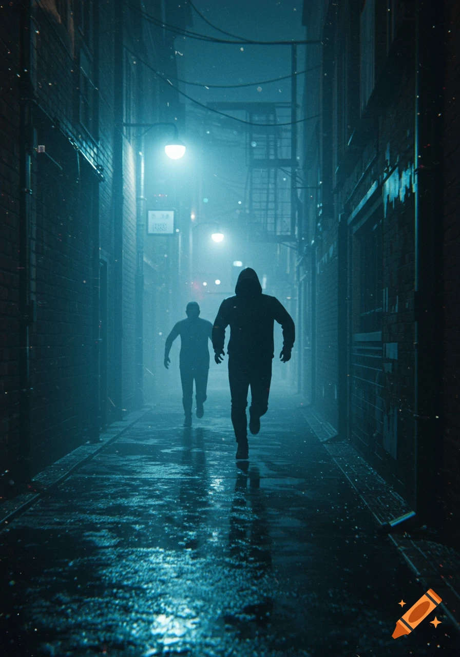 Two silhouetted figures run down a dark, wet, neon-blue lit alley at night, suggesting a chase in an urban setting.