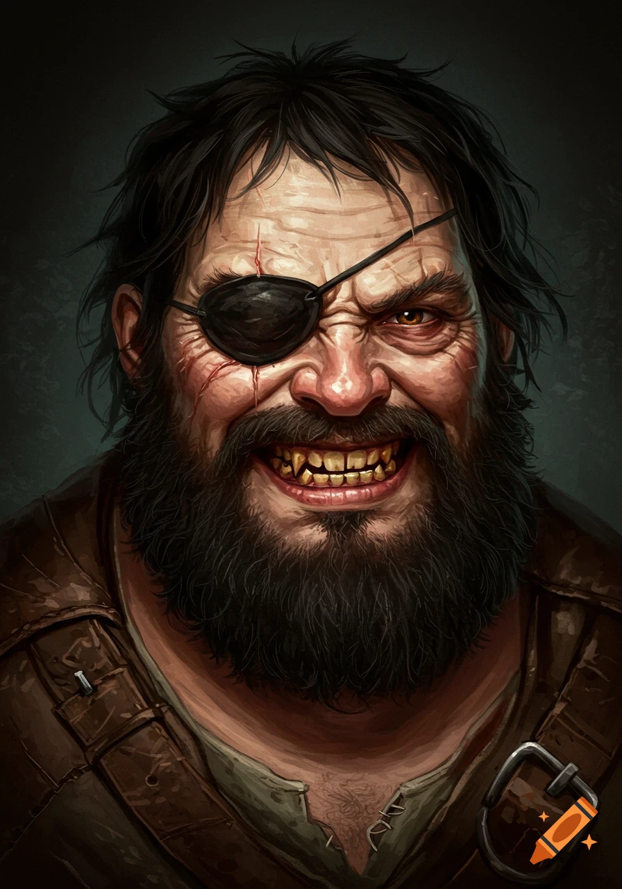 Realistic oil painting portrait of an angry, scarred man with an eye patch, thick beard, and gold teeth, wearing leather.