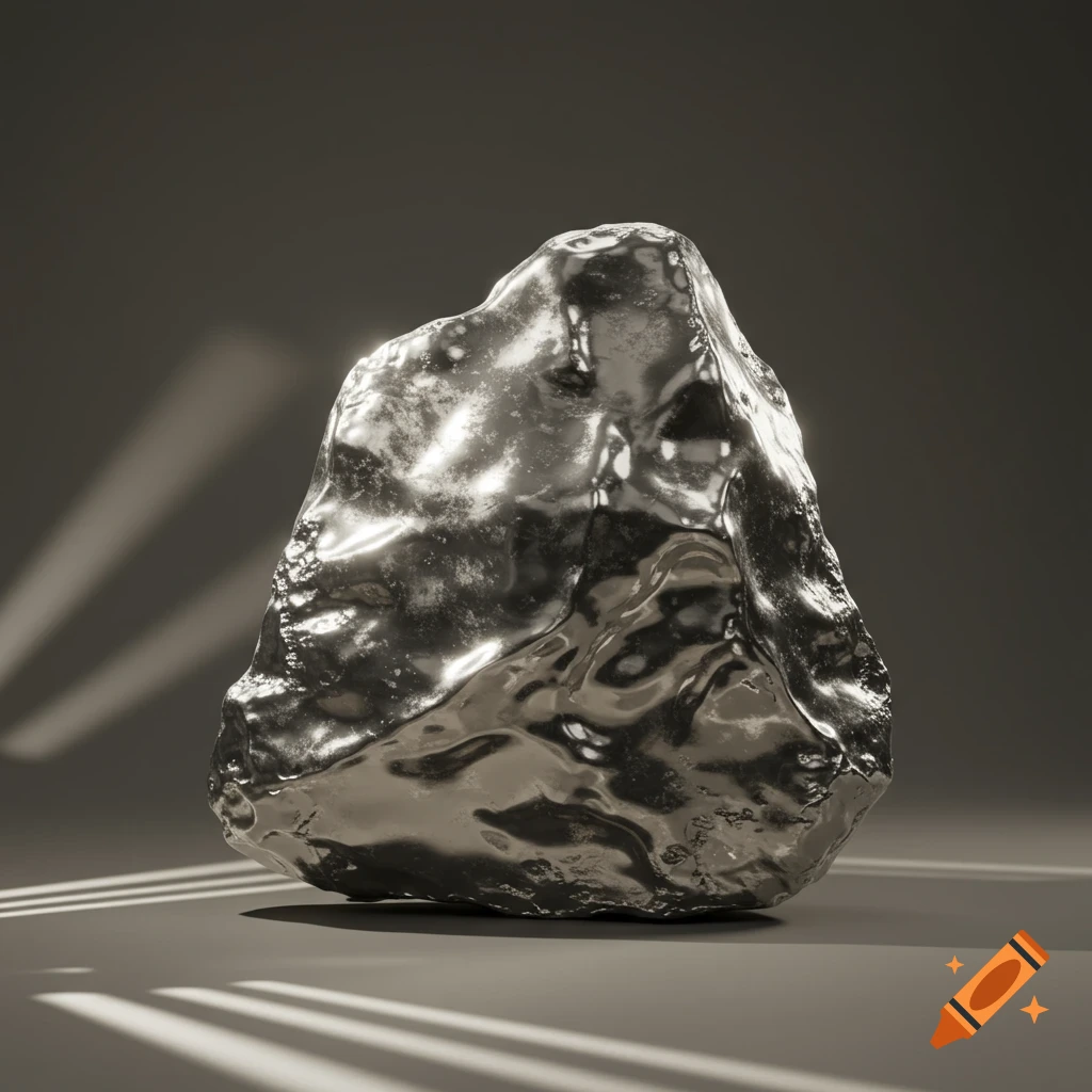A large, irregularly shaped, shiny silver metallic object, resembling a tantalum nugget, on a dark surface with light rays.