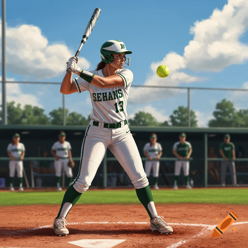 A female softball player in a white and green uniform with number 13 swings a bat at a yellow softball on a sunny field.