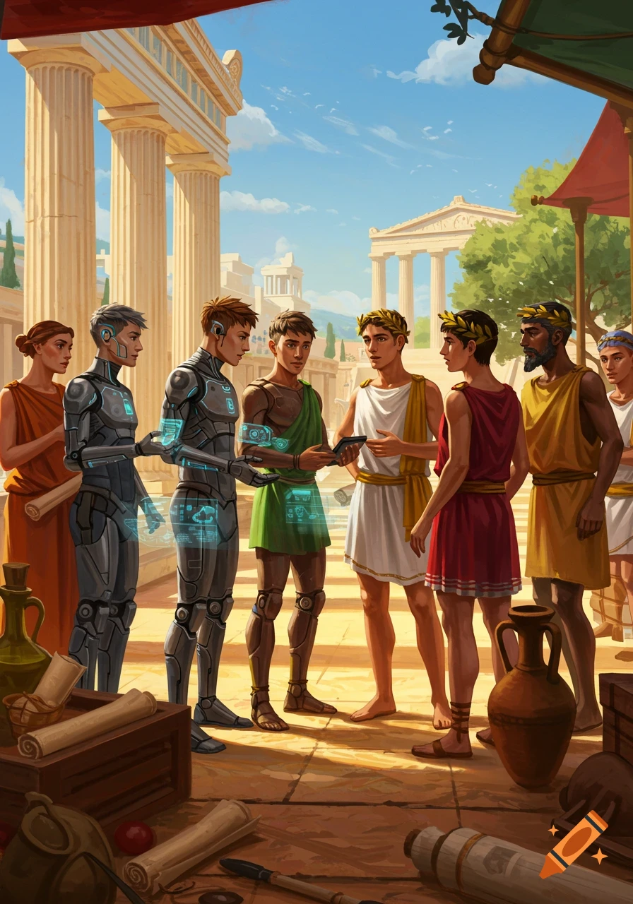 Two futuristic cyborgs interact with ancient Greek men in a marketplace with classical architecture.