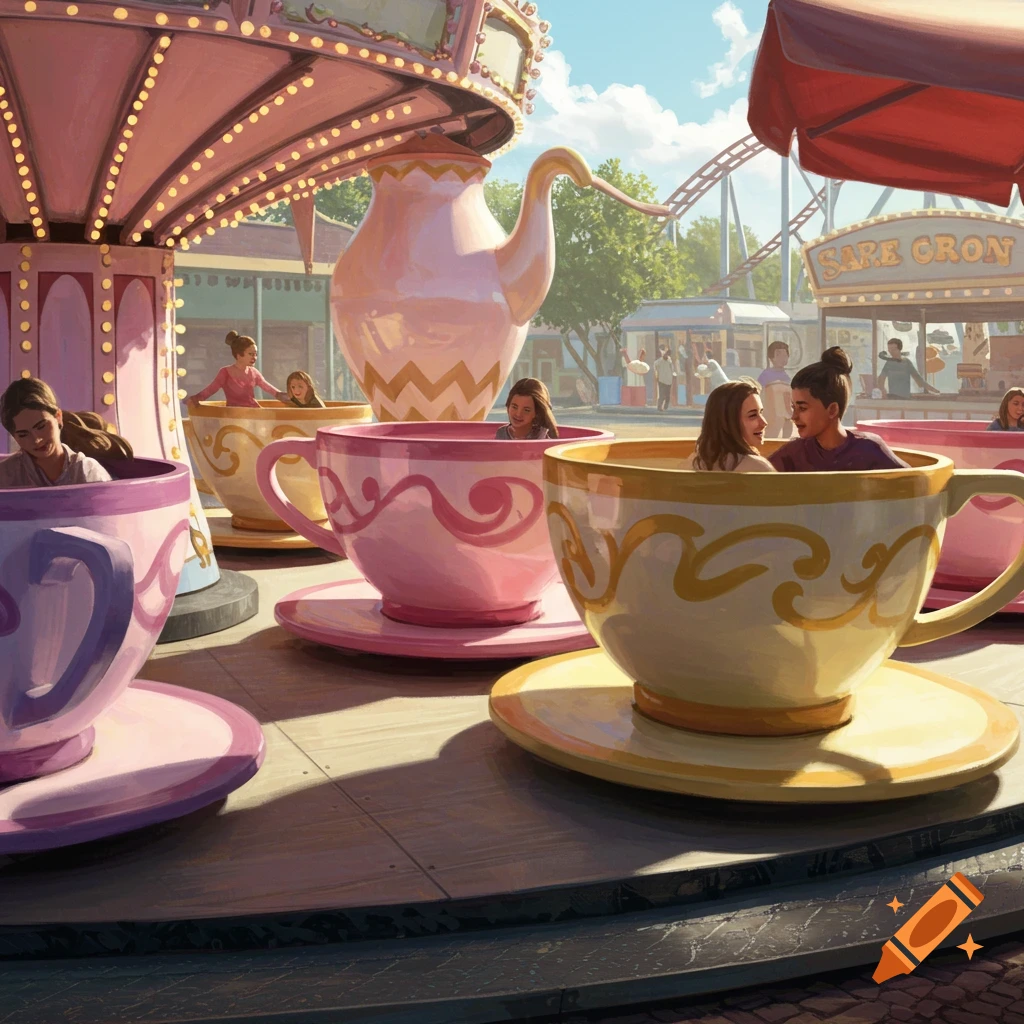 A colorful illustration shows people riding spinning teacups at a lively amusement park on a sunny day.