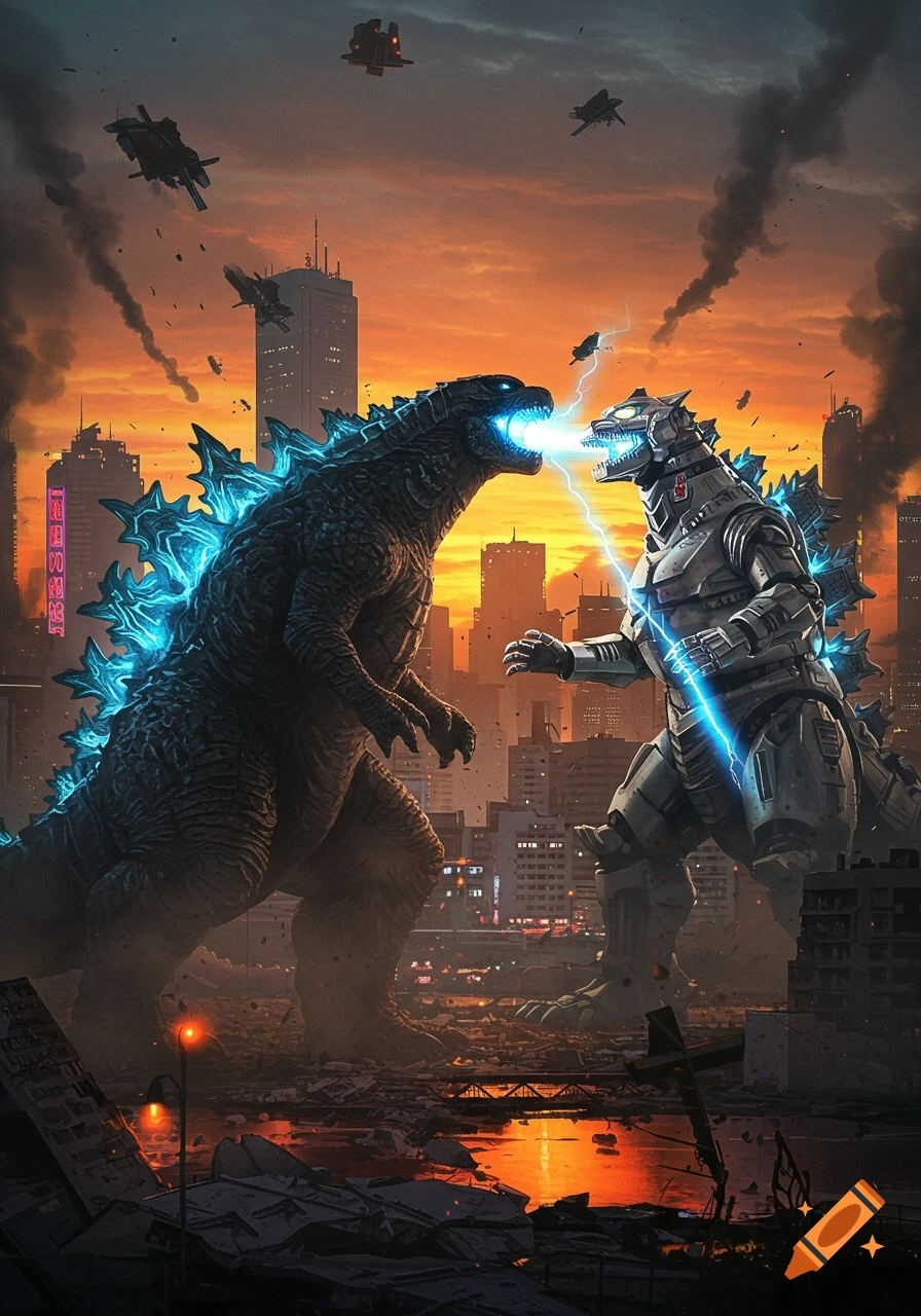 Godzilla and MechaGodzilla battle in a destroyed city at sunset, firing energy beams at each other.