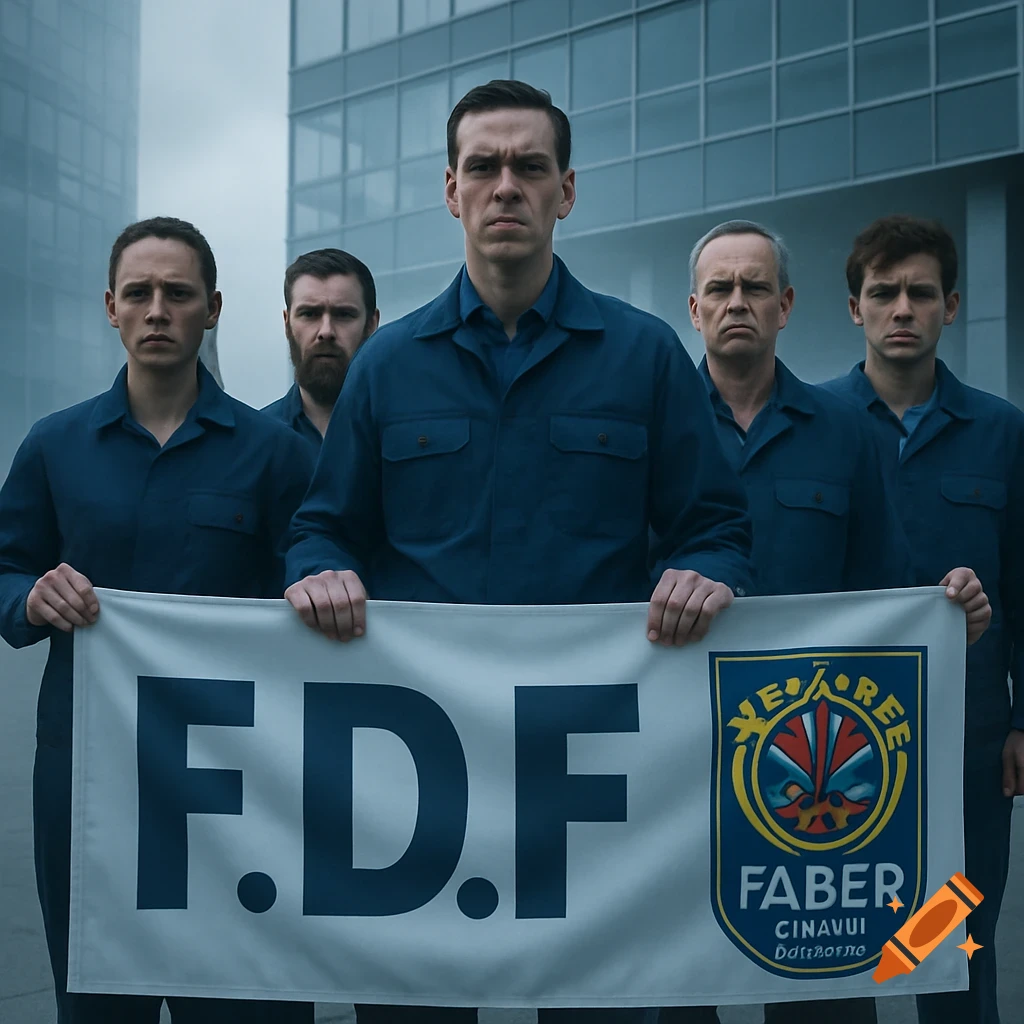 Five serious men in blue uniforms hold a white banner with "F.D.F." and a blue and yellow logo in front of a modern building.