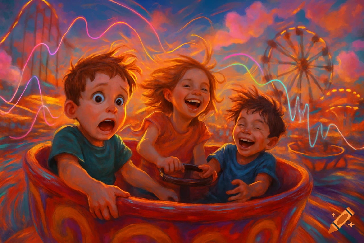 Three children on a vibrant teacup ride, one scared and two laughing, at a colorful, painterly amusement park.