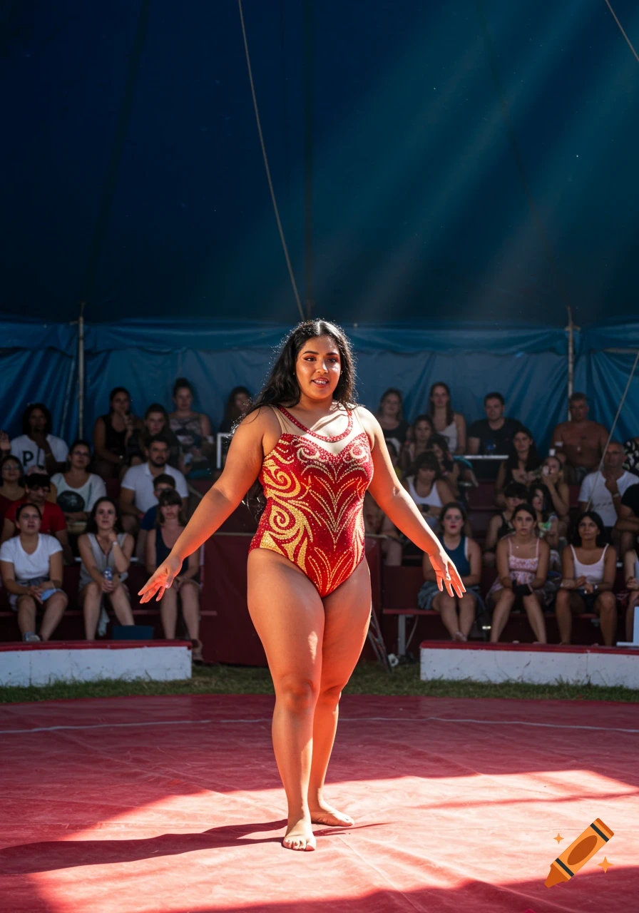 A smiling South Asian woman in a red and gold sparkly leotard stands on a red stage in a circus tent with an audience.