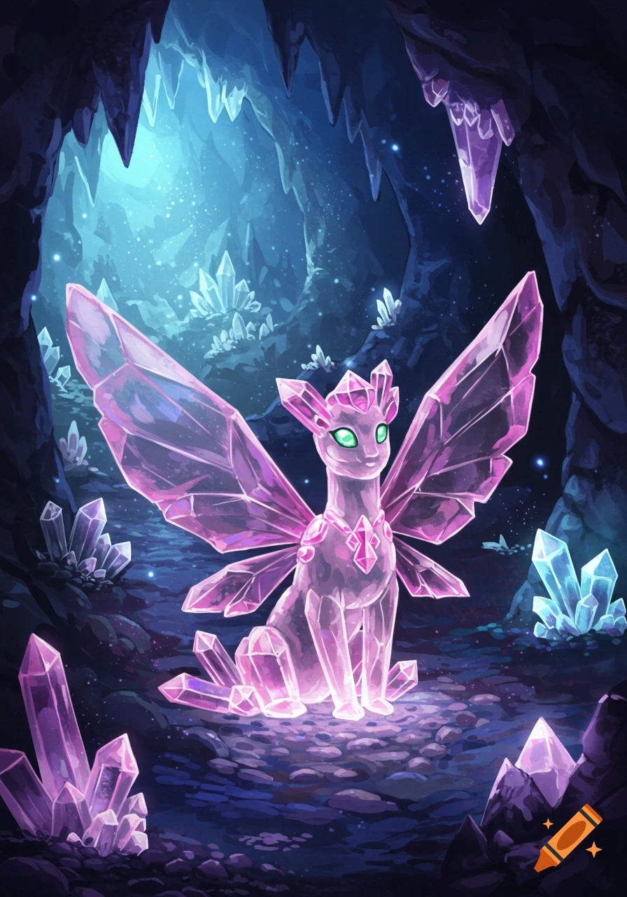 A stylized pink crystal creature with large wings and green eyes sits in a glowing blue and purple crystal cave.