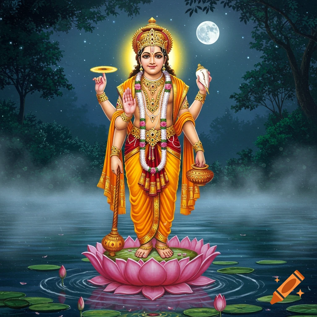 Vibrant illustration of a multi-armed Hindu deity, likely Lord Vishnu or an avatar, standing on a pink lotus in a tranquil moonlit lake.
