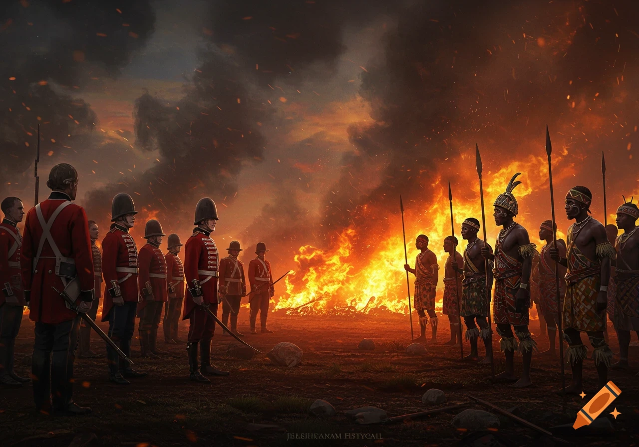 British redcoats and Ashanti warriors face off against a dramatic backdrop of fire and smoke.