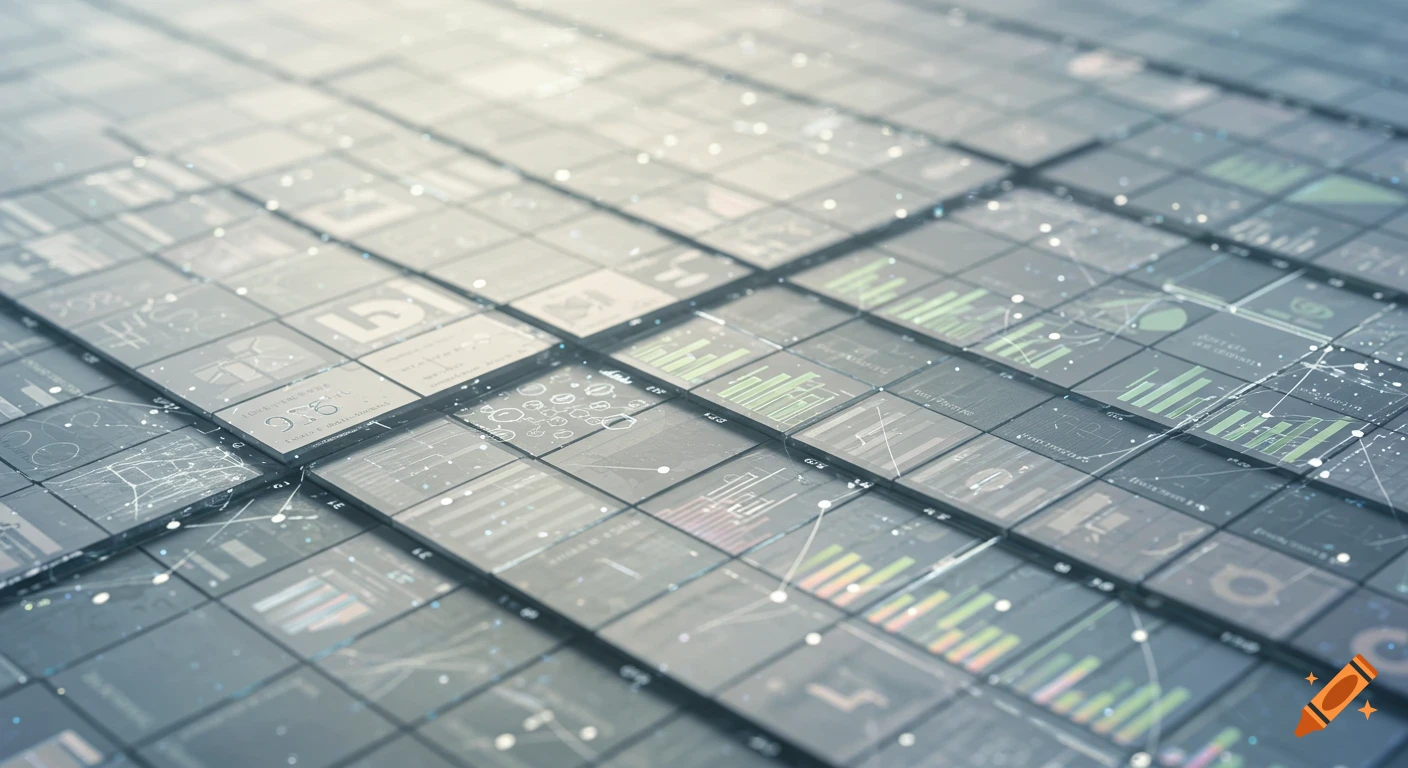 An abstract grid of dark grey digital tiles with various green and white data visualizations, charts, and numbers illuminated on their surfaces.