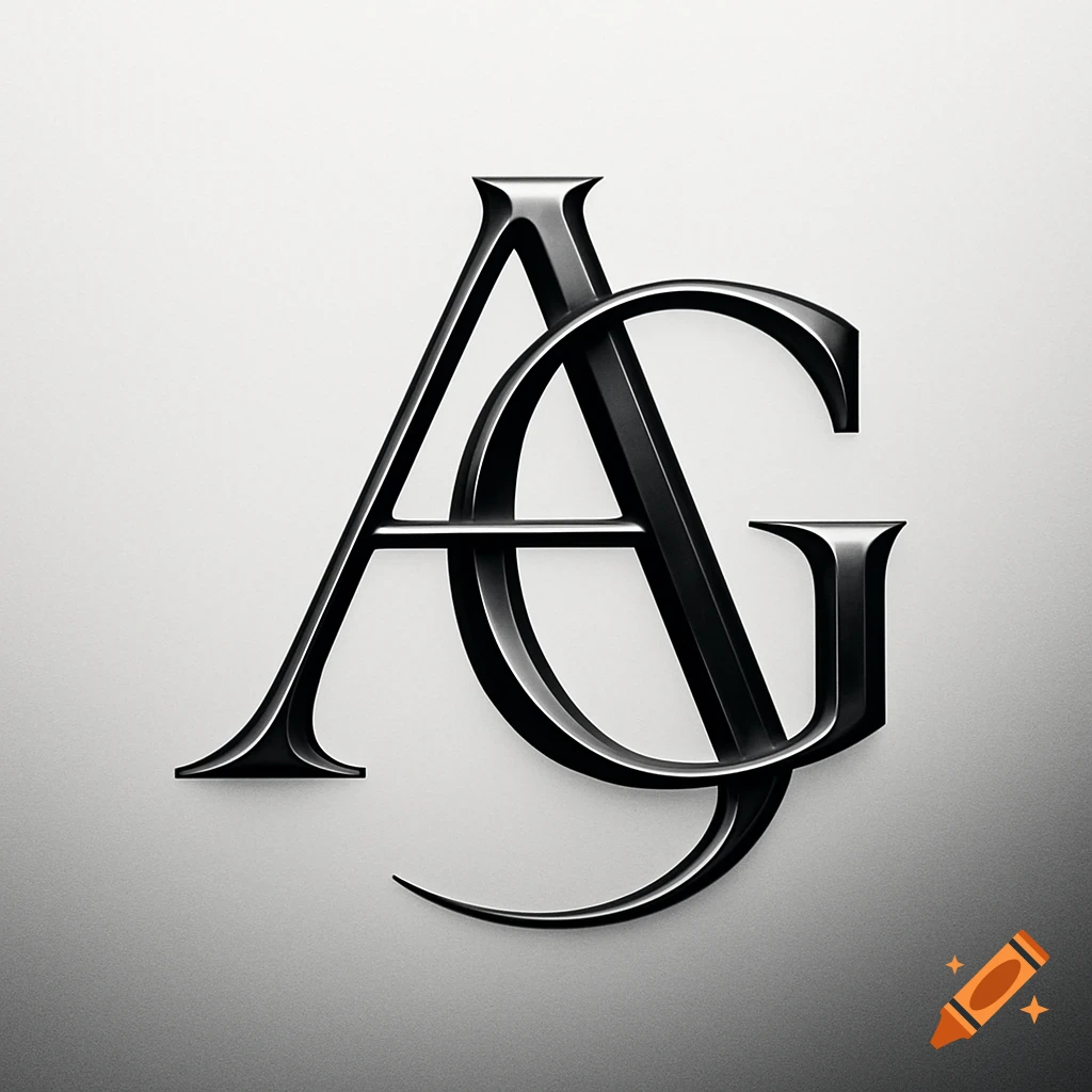Shiny black metallic monogram of intertwined letters A and G on a white to gray gradient background.
