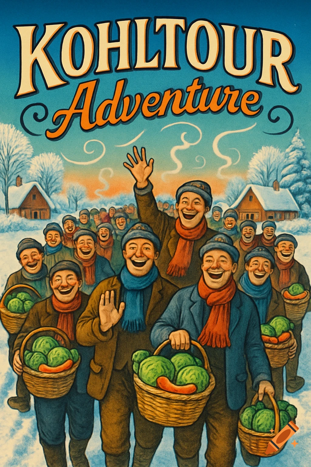 Vintage poster shows joyful men in winter clothes carrying baskets of cabbage and sausages in a snowy village, under "KOHLTOUR Adventure".