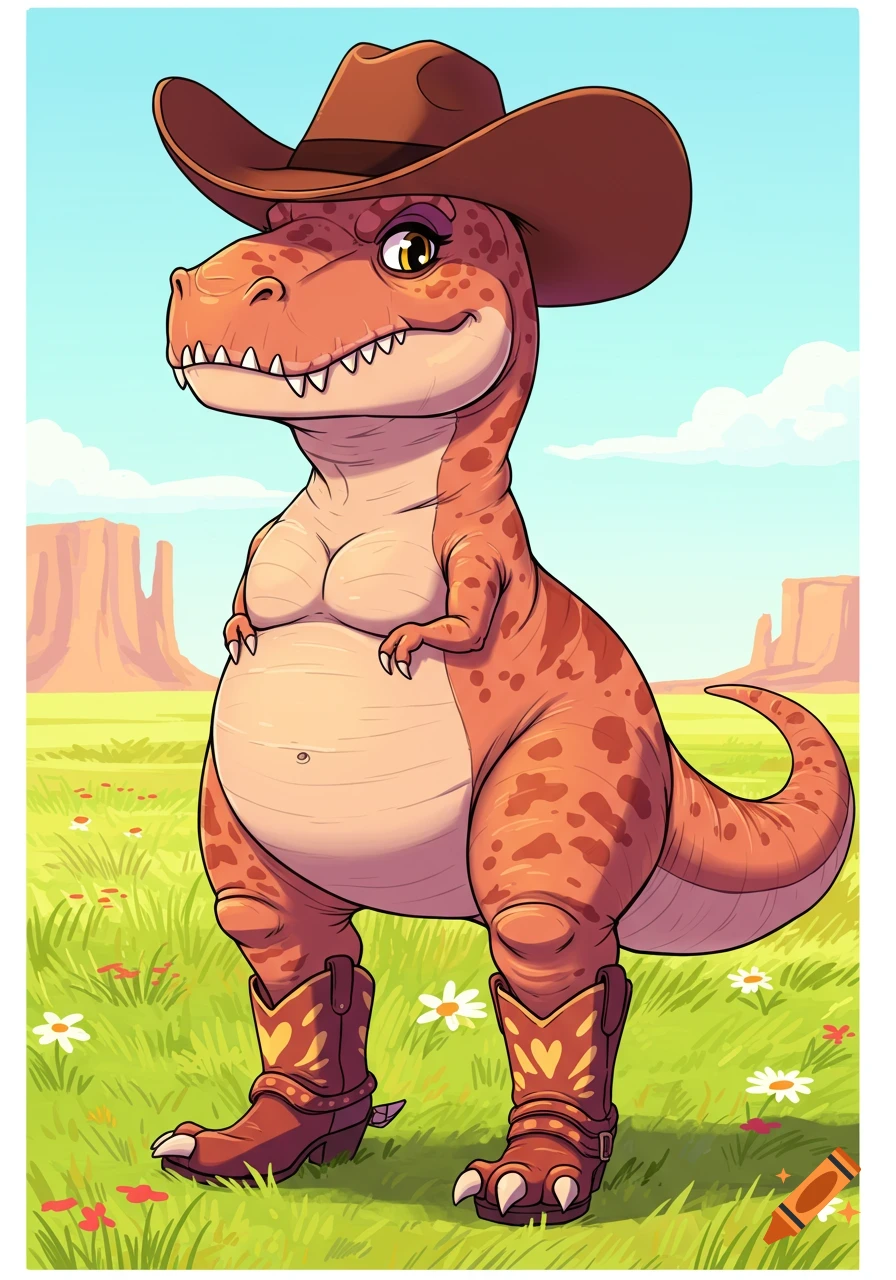 A cartoon T-Rex wearing a cowboy hat and boots stands in a grassy field with mesas in the background.