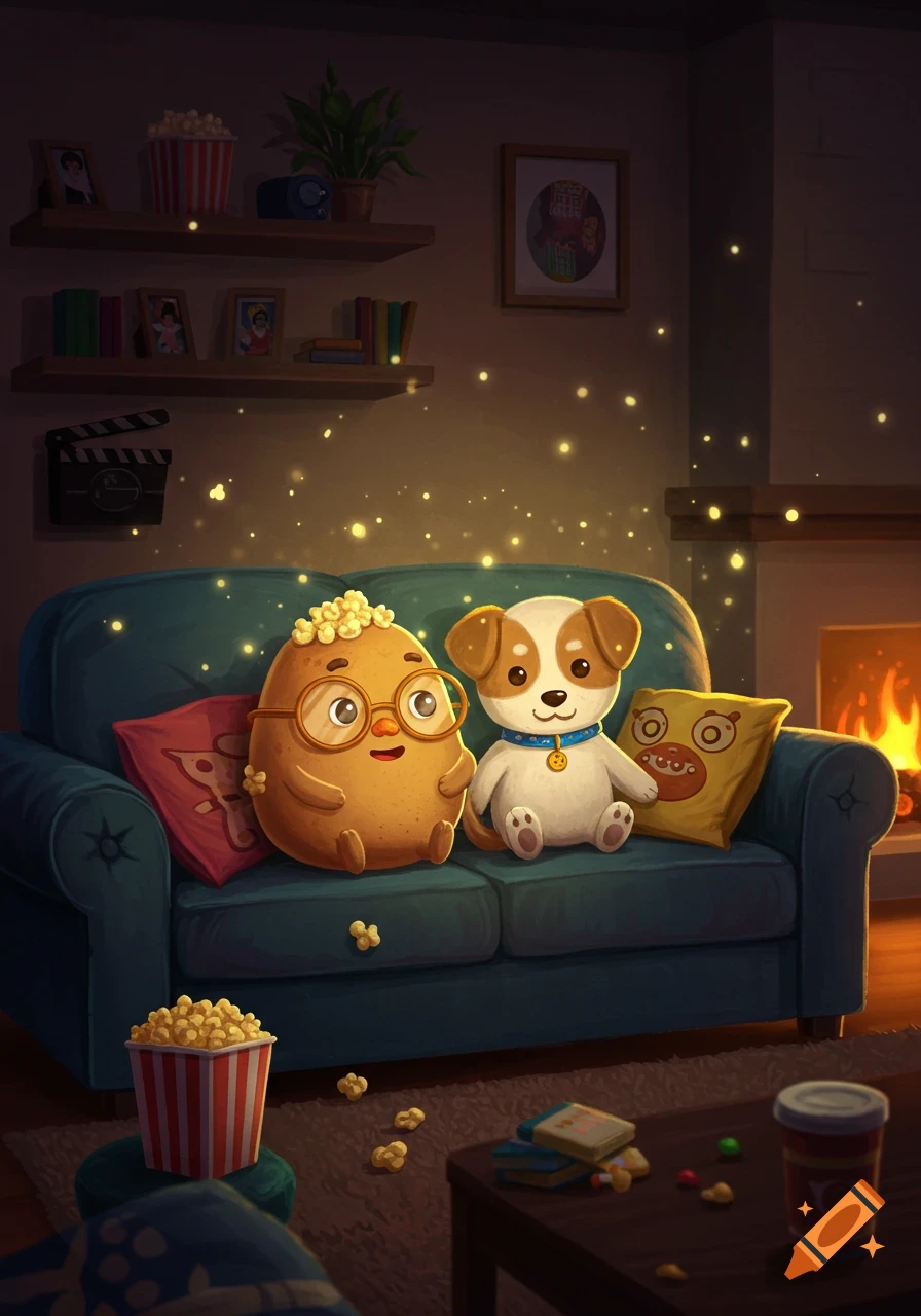 A whimsical cartoon potato with glasses and a puppy sit on a blue couch in a cozy living room, surrounded by popcorn and glowing specks.