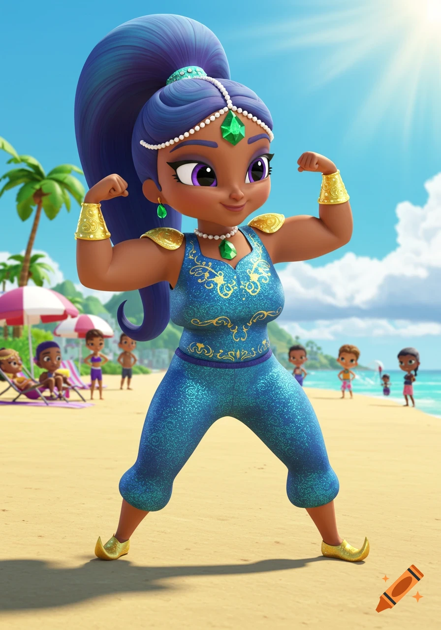 A cartoon genie-like character with purple hair and a blue outfit flexes muscles on a sunny beach.