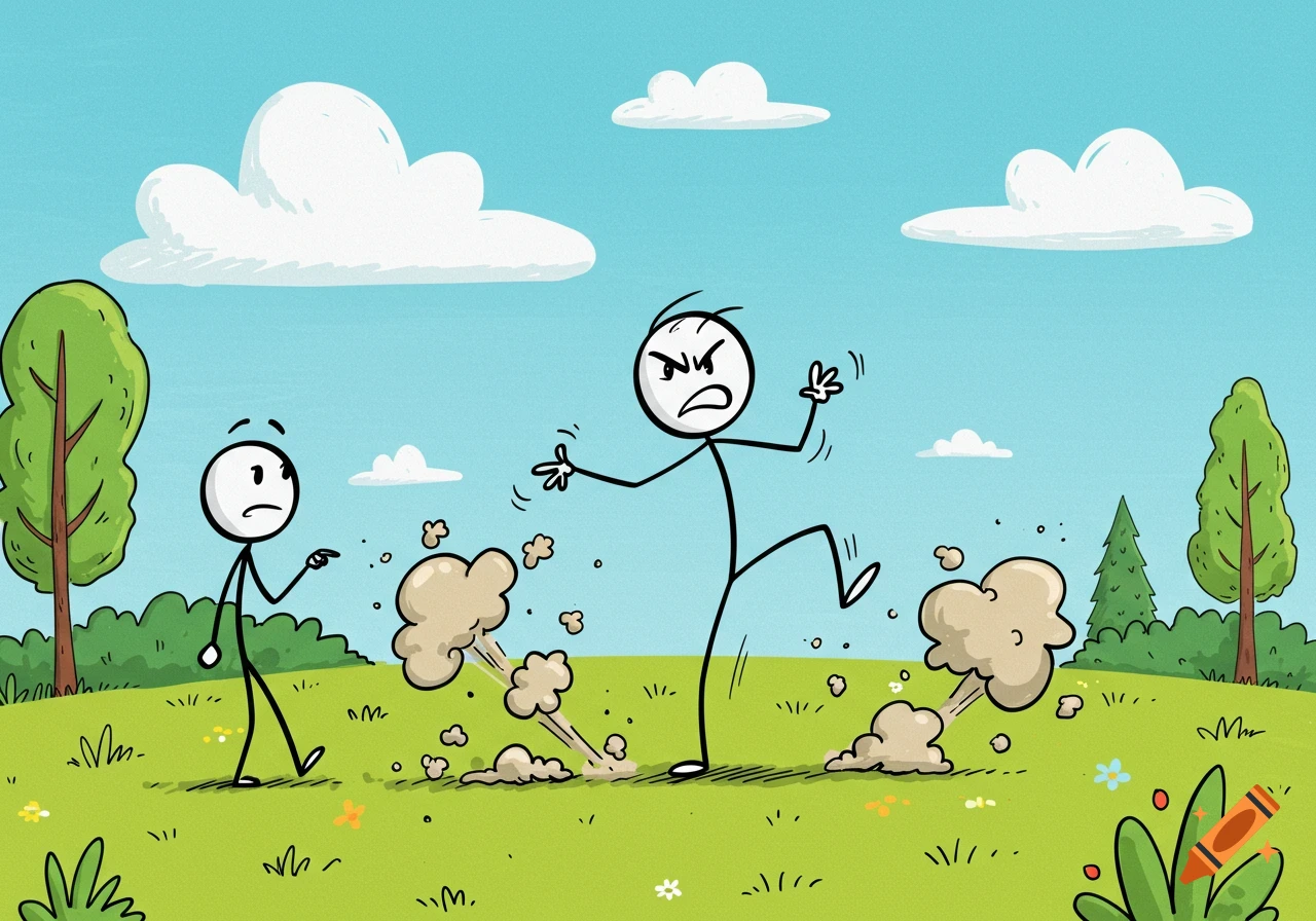 Two cartoon stick figures in a grassy field; one angrily stomps, creating dust, while the other looks concerned.