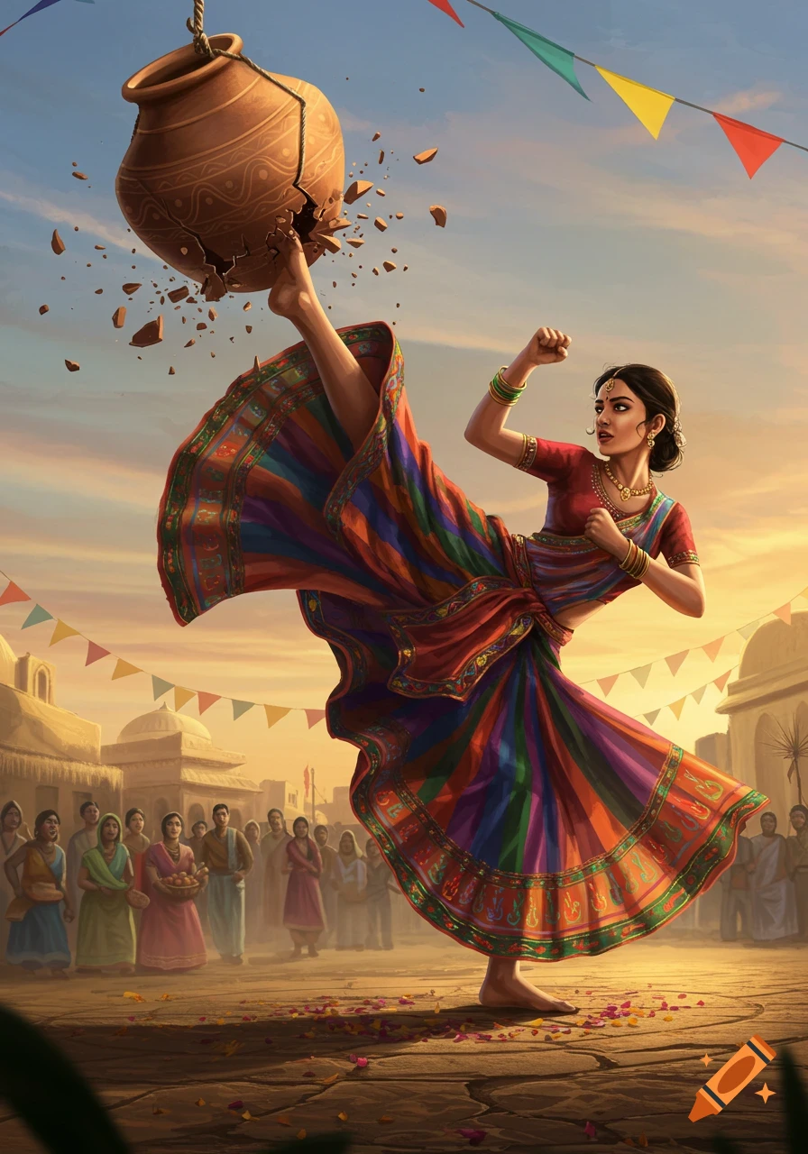A vibrant illustration of an Indian woman in a colorful dress performing a high kick to break a clay pot at a sunset festival.