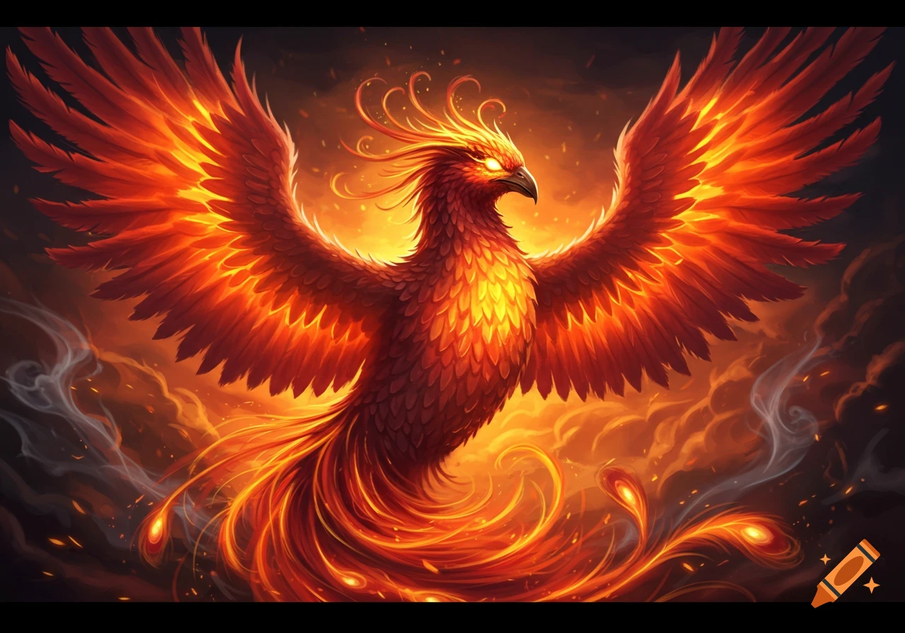 A majestic, vibrant phoenix with fiery red and orange feathers spreads its large wings, its eyes glowing, amidst a backdrop of flames and smoke.