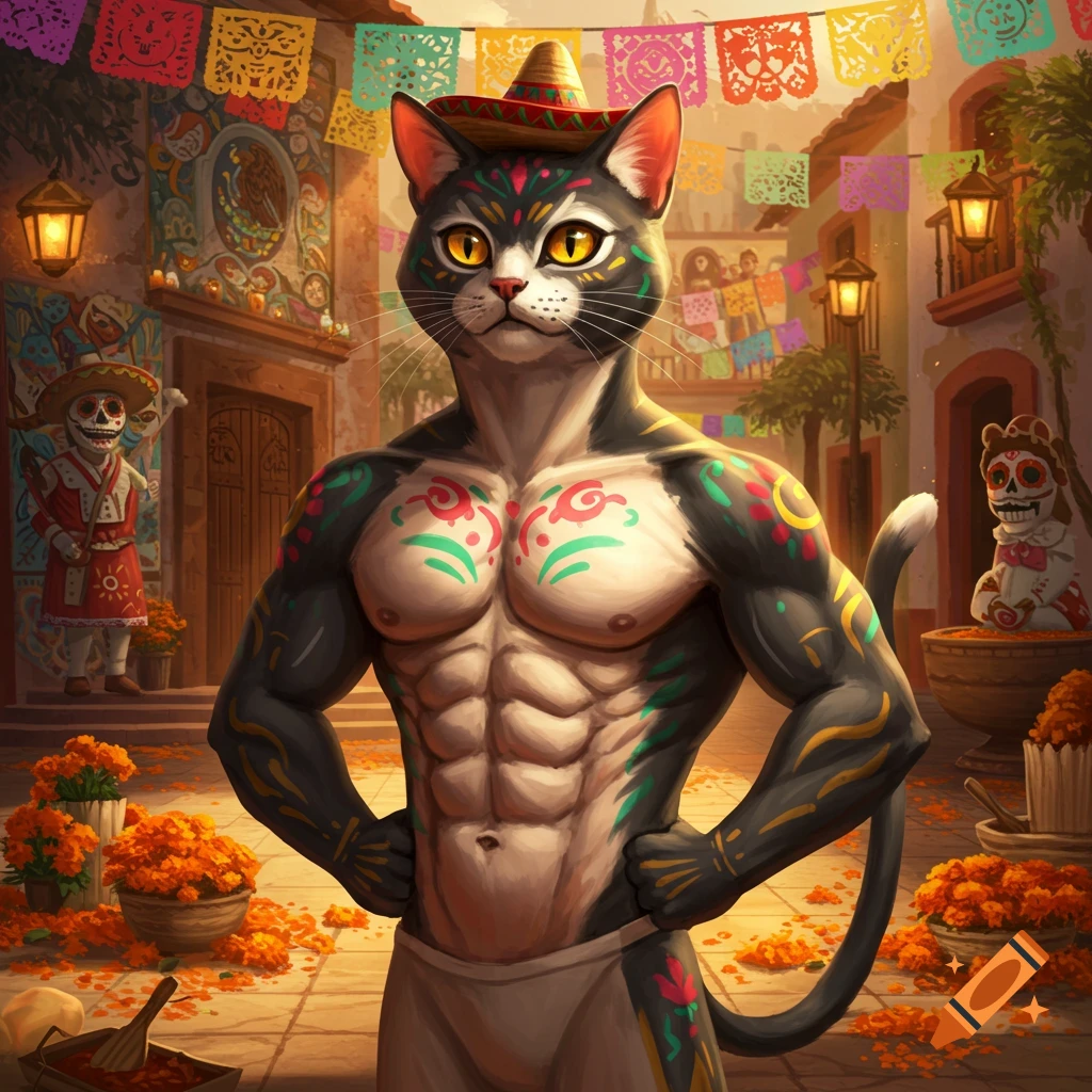 A muscular anthropomorphic cat wearing a sombrero stands in a festive Mexican street decorated with papel picado and marigolds.
