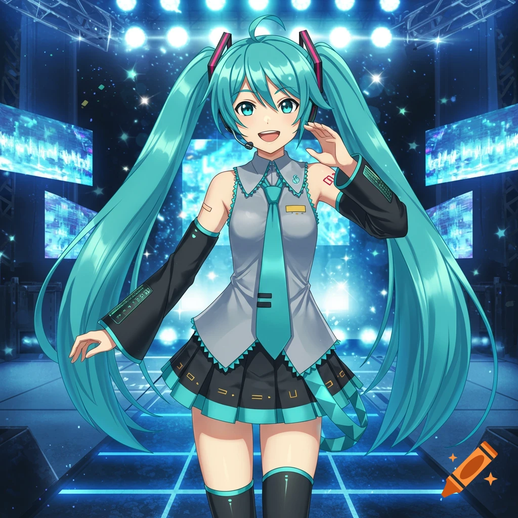Hatsune Miku, an anime character with long teal pigtails, smiles on a glowing stage, wearing her signature gray and teal outfit.