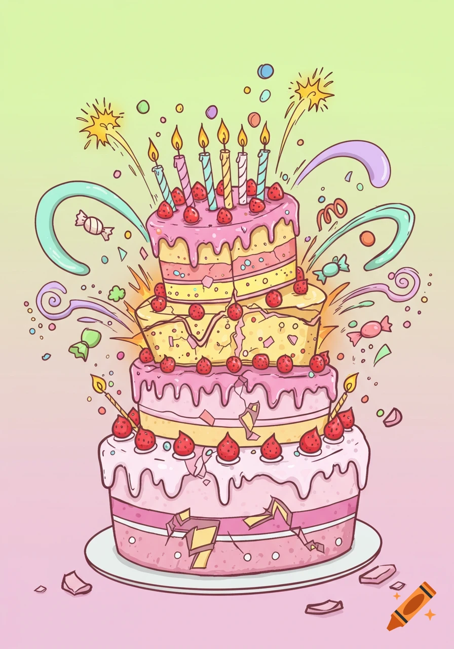 Vibrant cartoon illustration of a three-tiered pink and yellow birthday cake exploding with candles, strawberries, and confetti.