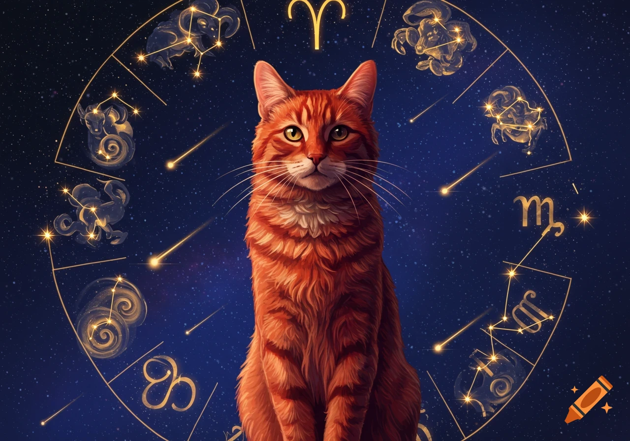An orange cat sits front and center against a dark blue starry background with a golden zodiac wheel and shooting stars.
