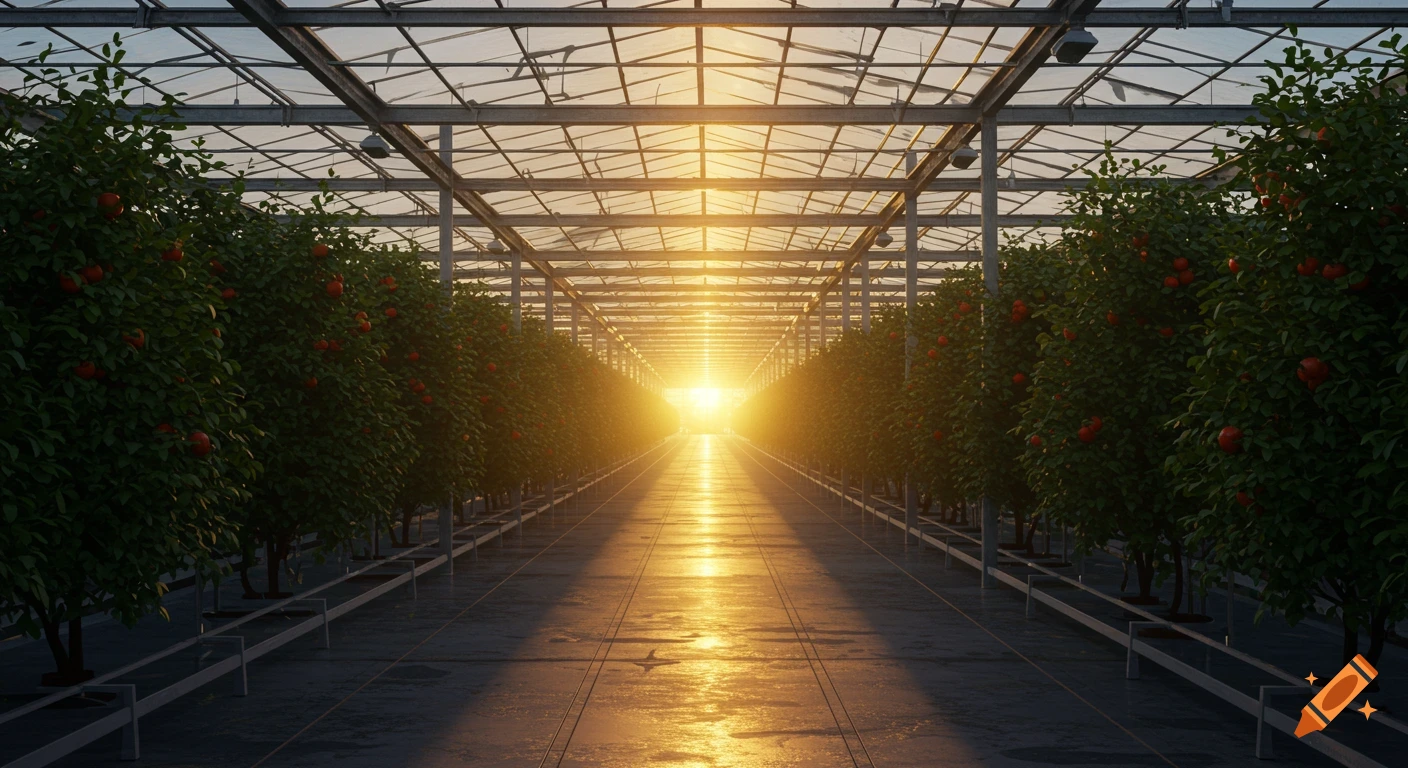 A long, photorealistic view down a central path in a large industrial greenhouse with rows of green plants and a bright sunset.