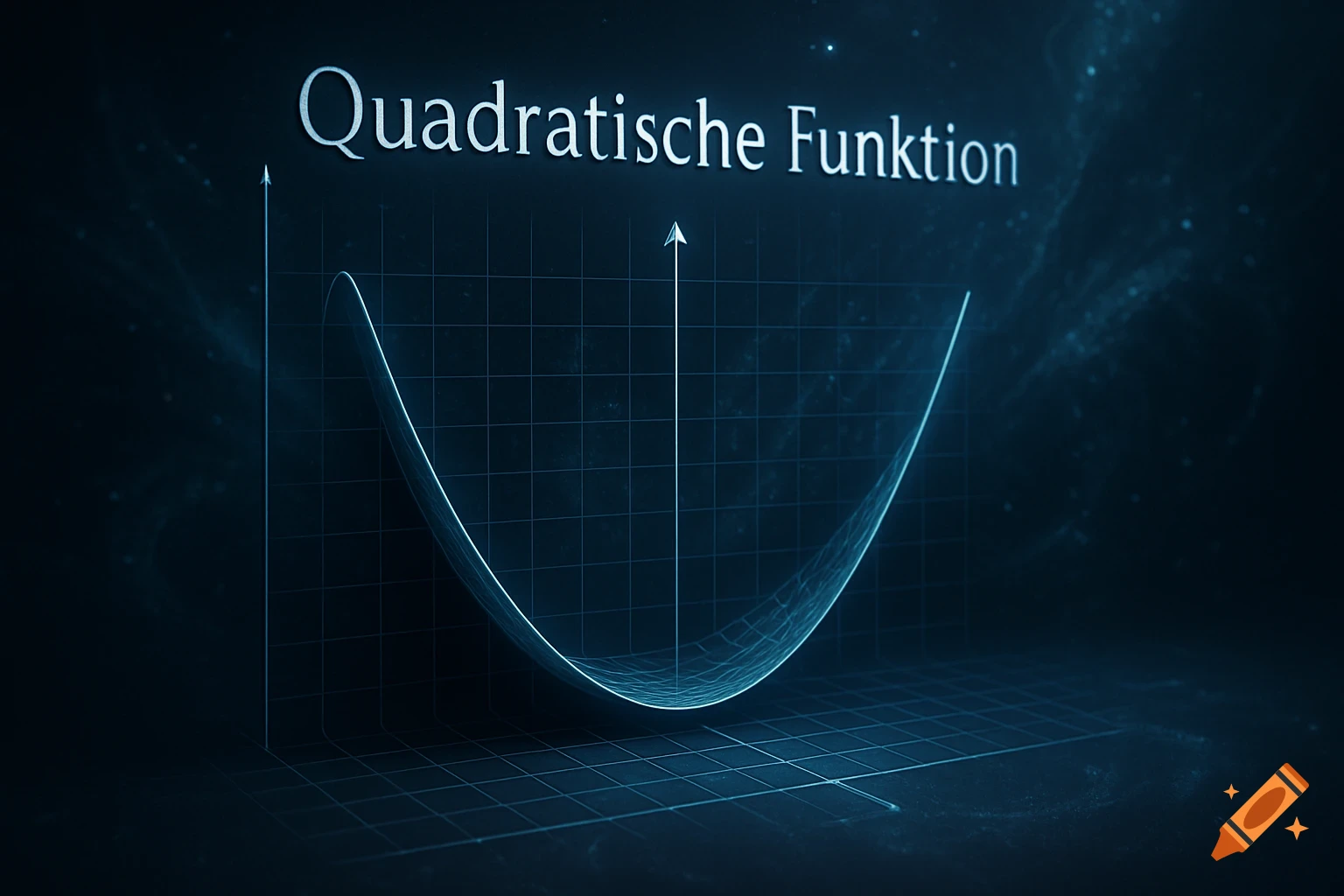 A glowing blue 3D graph displays a parabolic curve, representing a quadratic function, on a dark grid background. Title: Quadratische Funktion.