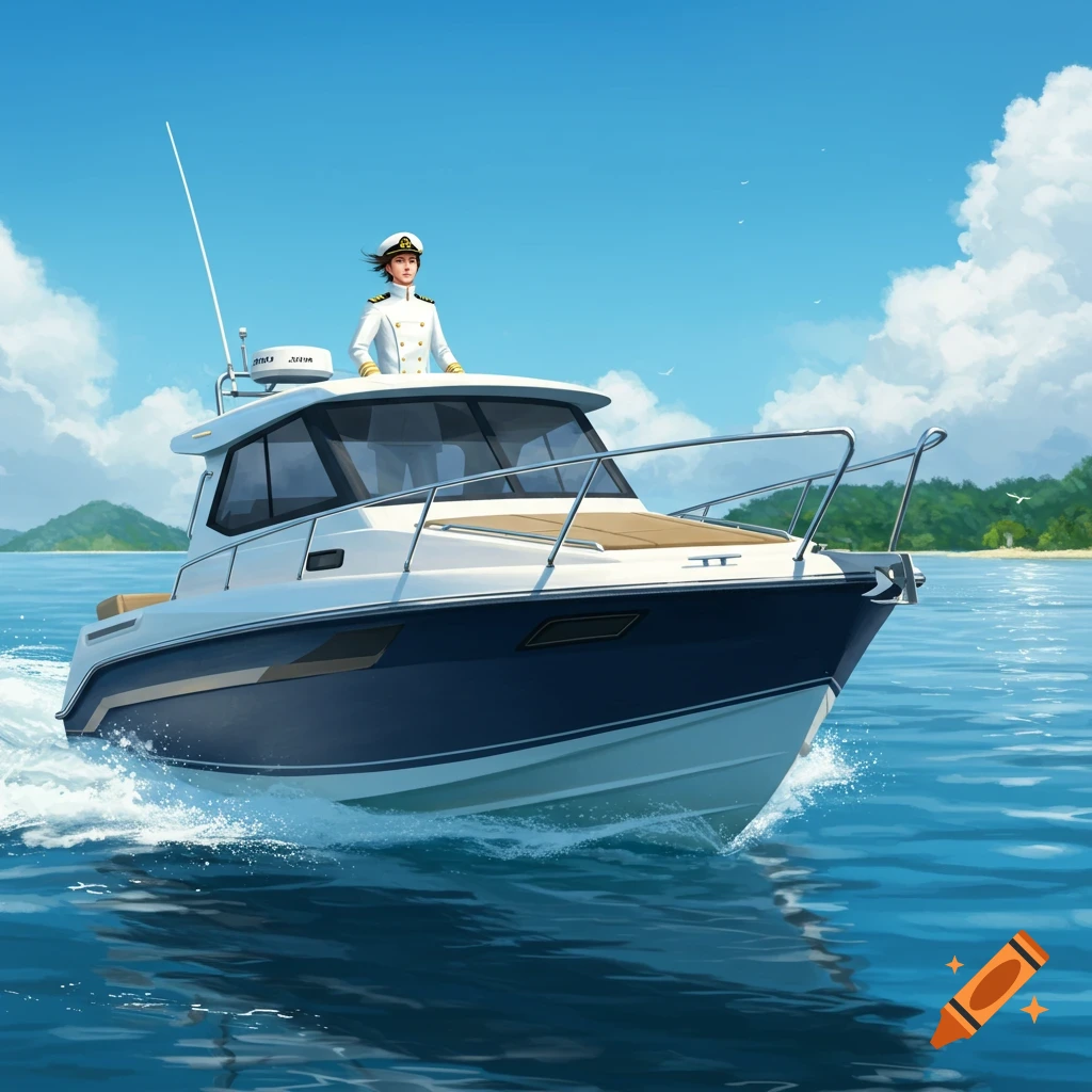An animated-style illustration of a person in a captain's uniform on a blue and white motorboat, speeding on blue water with an island background.