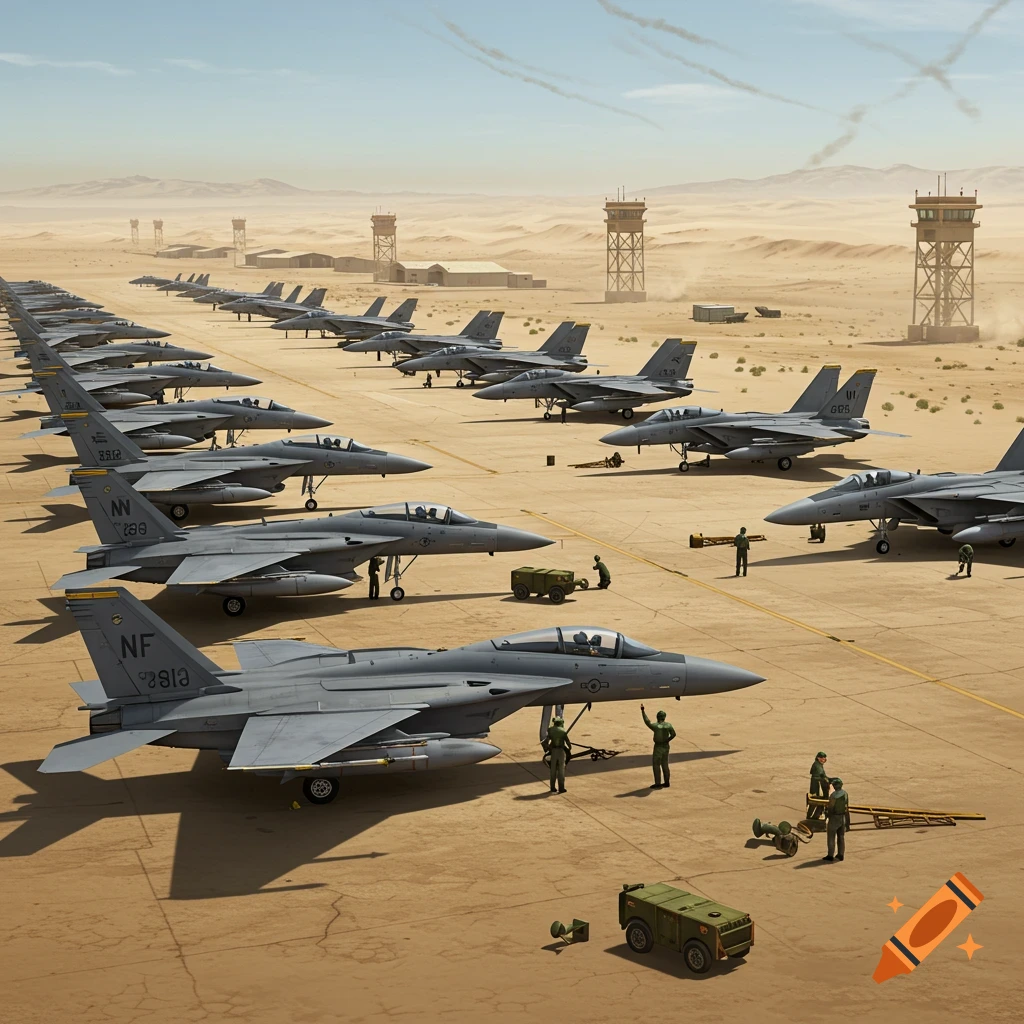 Many F-16 and F-14 fighter jets parked on a realistic military airfield in a desert landscape with personnel and control towers.