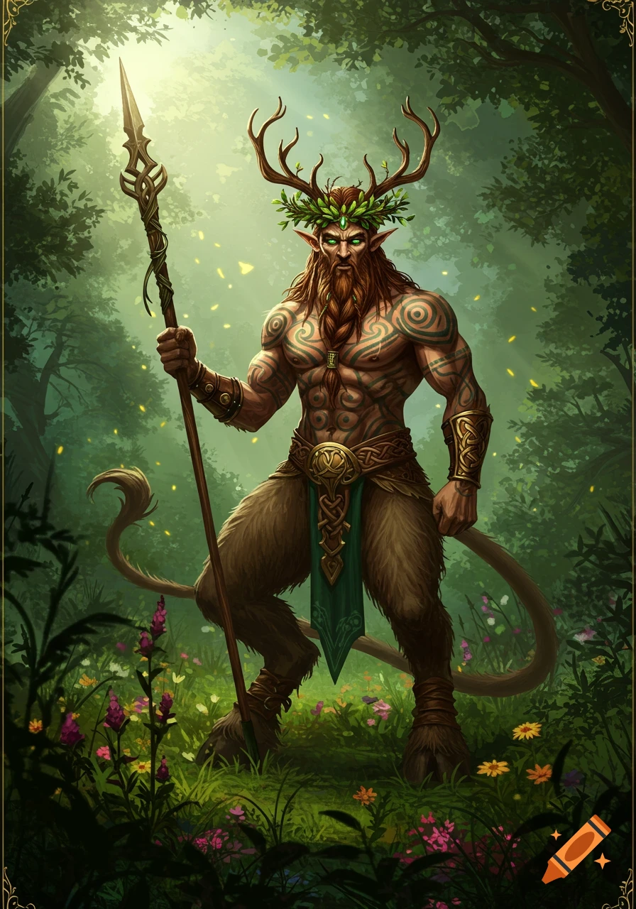 Muscular, bearded Celtic satyr lord with antlers and leafy crown standing in a sunlit forest, holding an ornate spear.