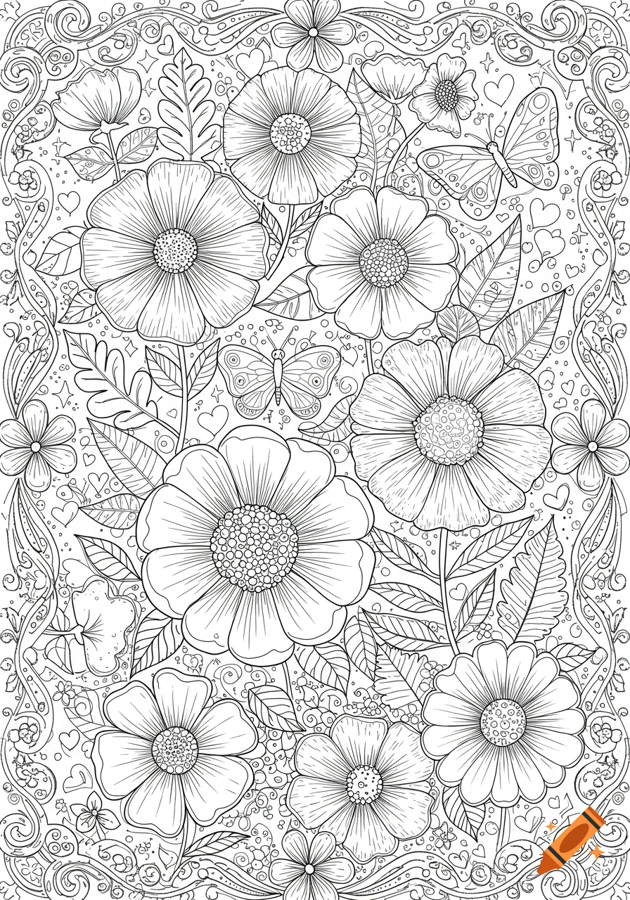 Black and white line-art coloring book page with various flowers, leaves, butterflies, hearts, and a doodle border.