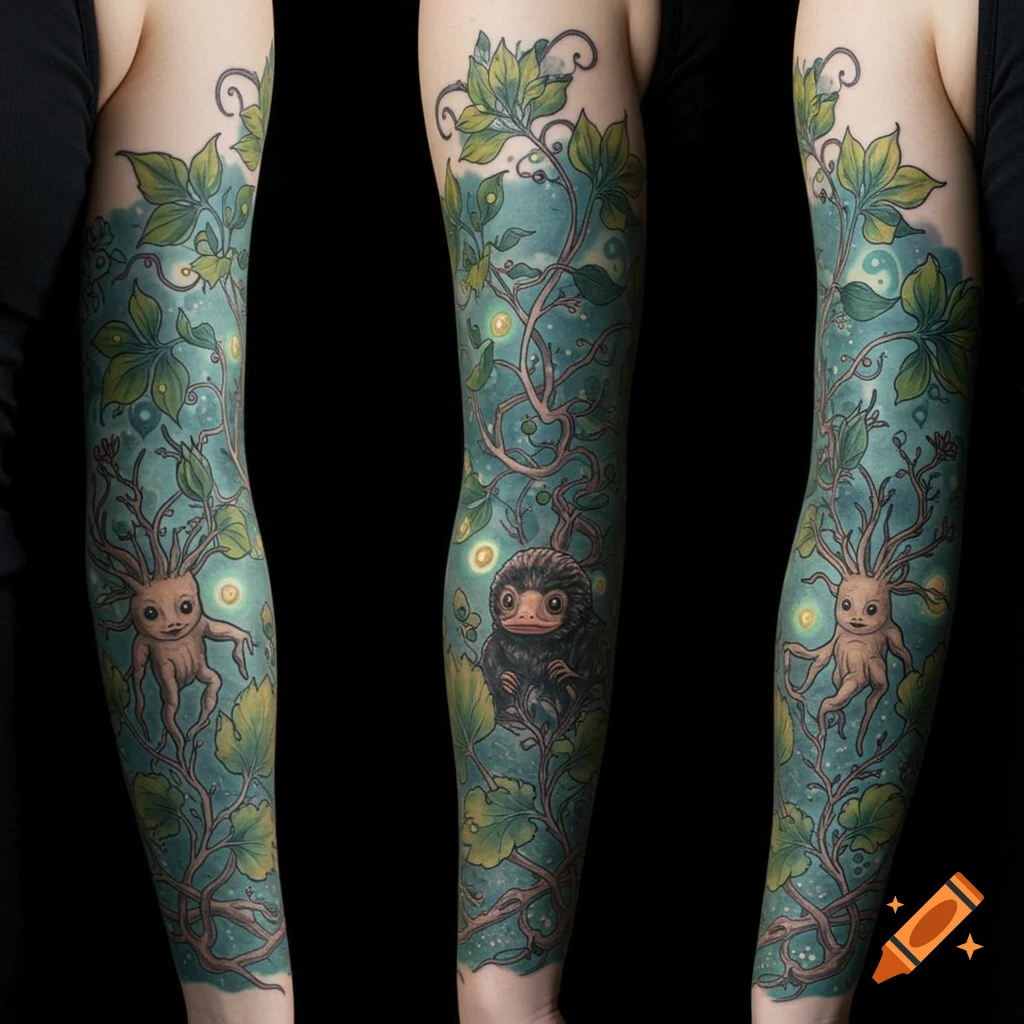 A full tattoo sleeve on a person's arms, featuring green leafy vines, small glowing lights, a Mandrake, and a Niffler.