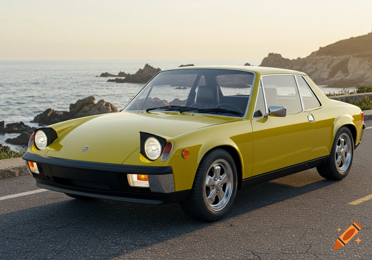 A bright yellow classic VW Porsche 914 car parked on a coastal road overlooking the ocean at sunset.