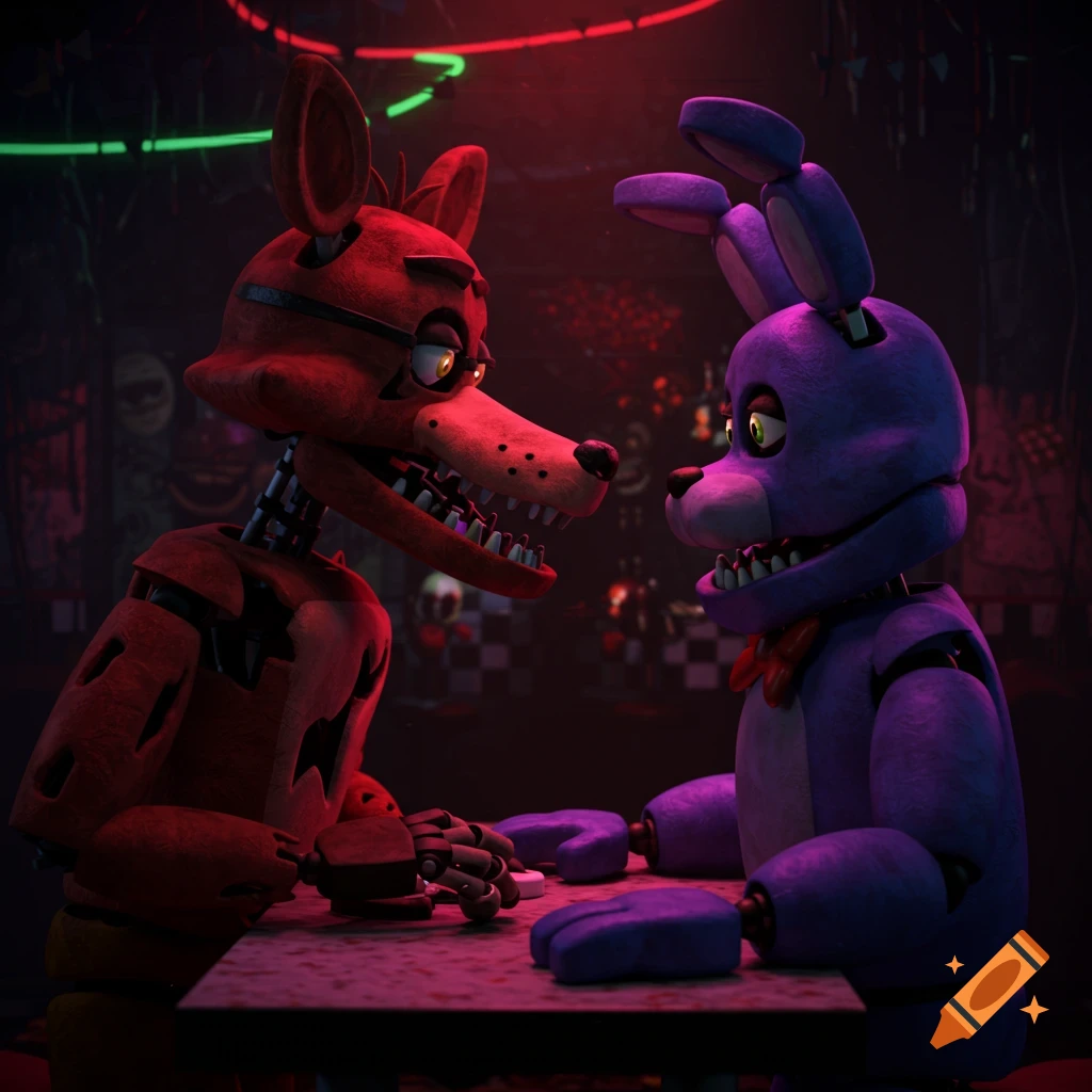 Foxy and Bonnie animatronics from Five Nights at Freddy's sit at a table, facing each other in a dimly lit setting.