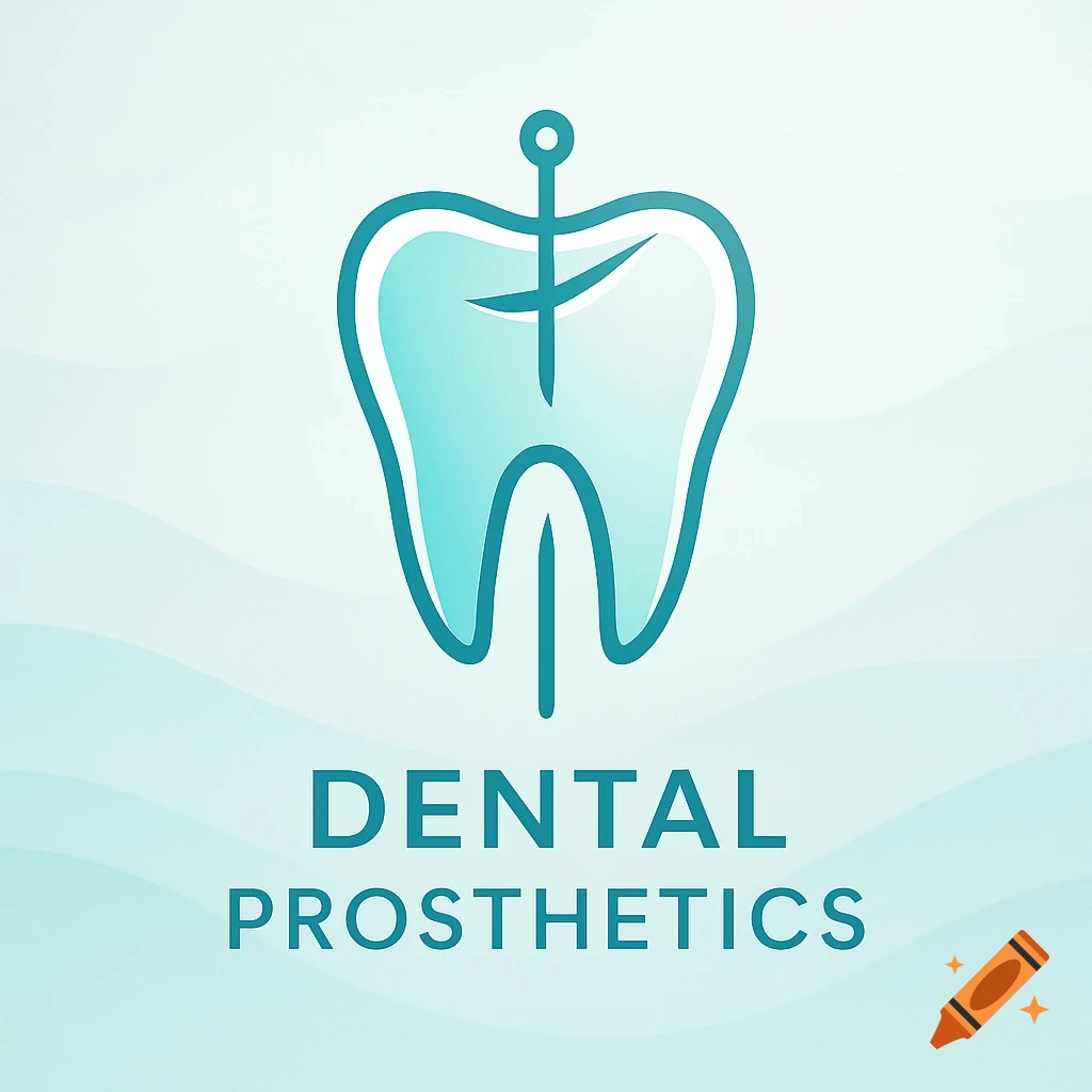 A modern logo featuring a stylized light blue tooth with a thin, dark blue outline and an abstract line design inside, above the text "DENTAL PROSTHETICS" on a wavy light blue background.