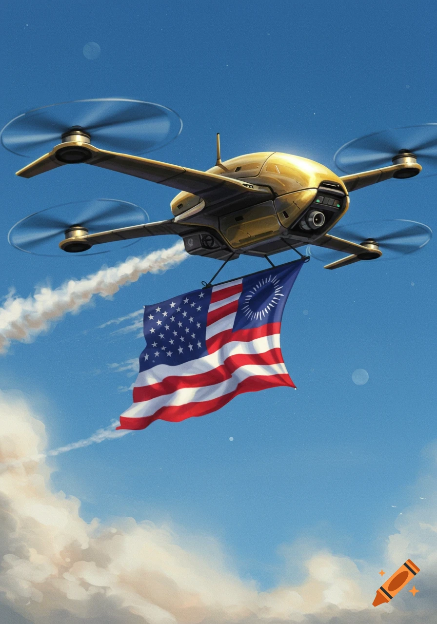 A golden drone flies in a blue sky, carrying a waving American flag with a stylized white circular design on the blue field.