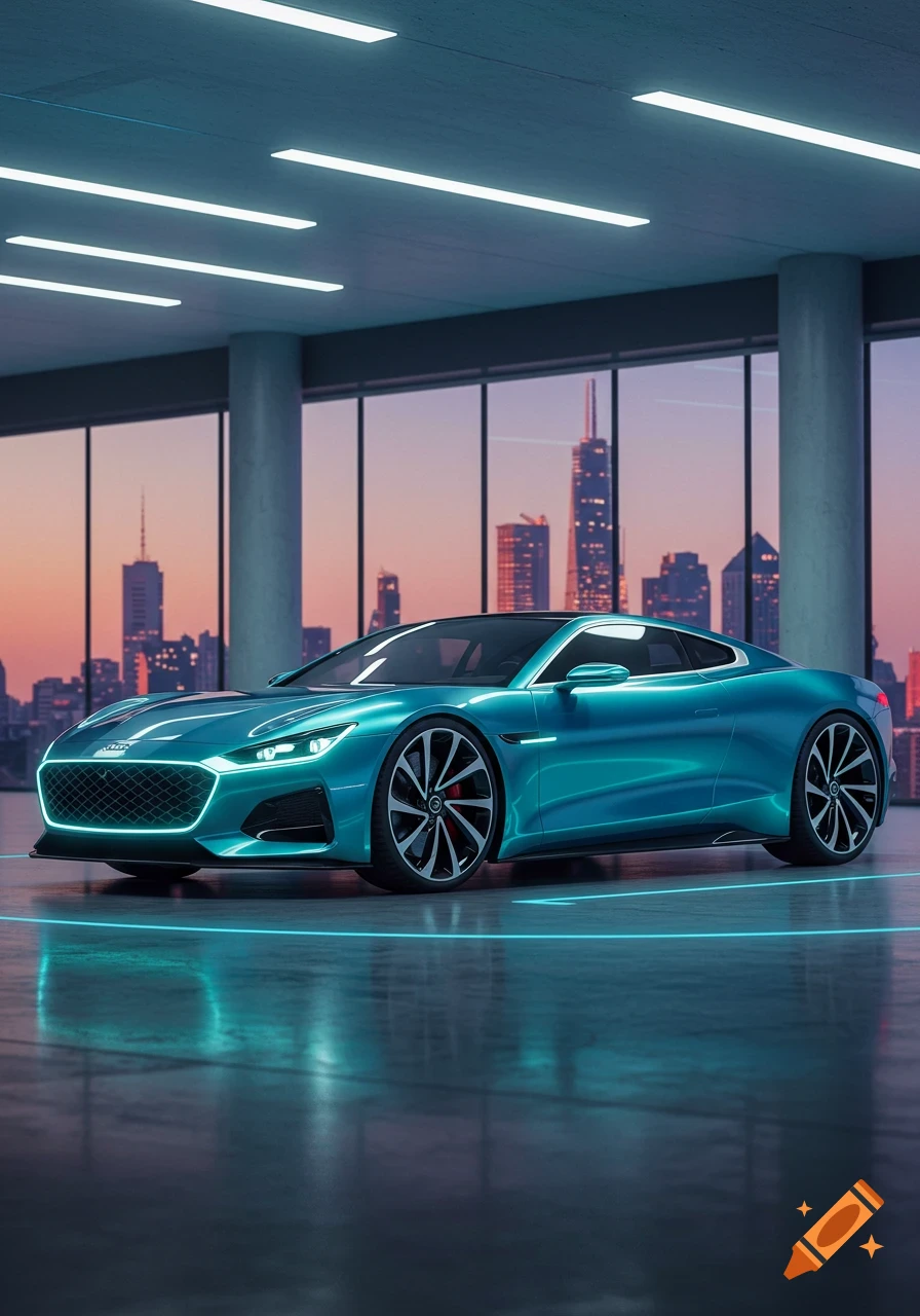 A sleek, metallic teal concept sports car is parked in a modern showroom with neon lights, overlooking a city skyline at sunset.