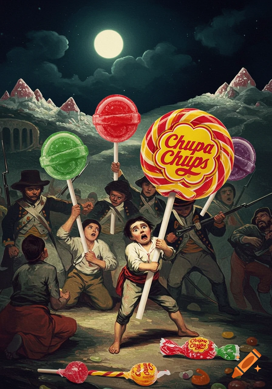 Painterly scene parodying Goya's Third of May, with historical figures holding giant lollipops under a full moon.