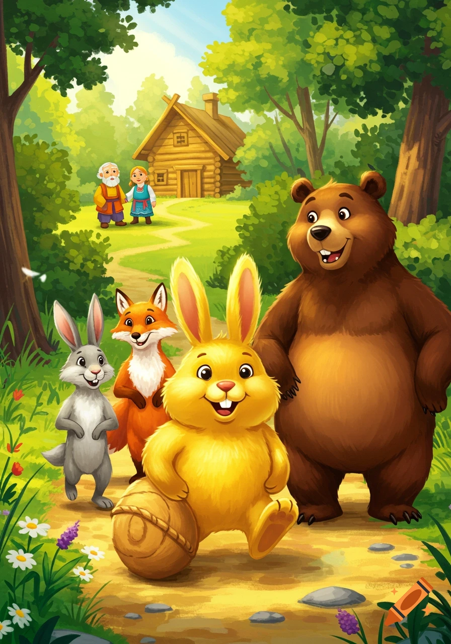 A golden bun rolls on a sunny forest path with a grey rabbit, fox, and bear, as an old couple stands by a wooden house in the background. Children's storybook illustration.
