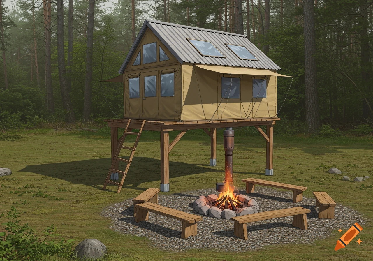 Elevated canvas rooftop tent with a metal roof and ladder in a forest clearing, with a rock fire pit and wooden benches.