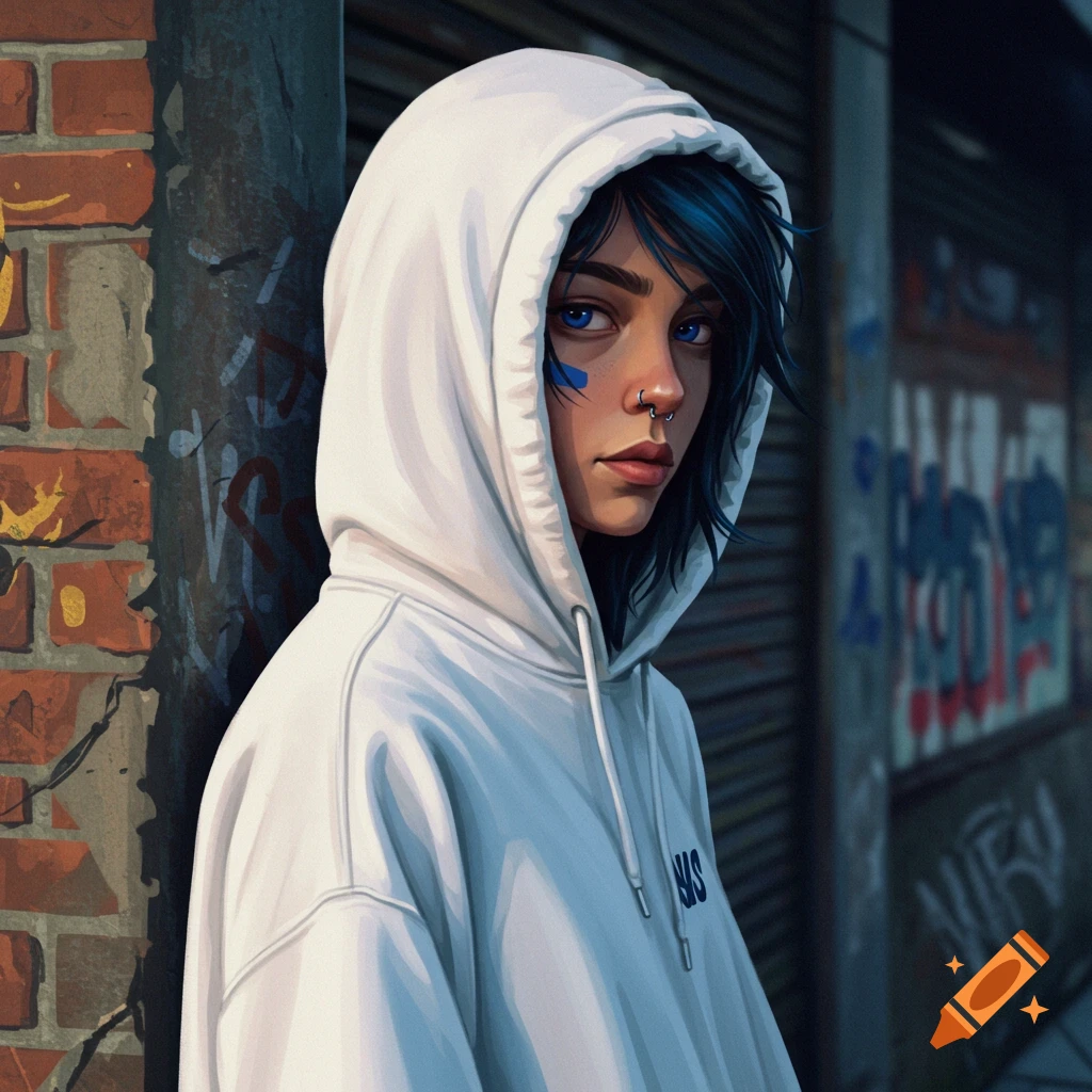 Stylized portrait of a person with blue hair and eyes wearing a white hoodie, leaning against a graffiti-covered brick wall.