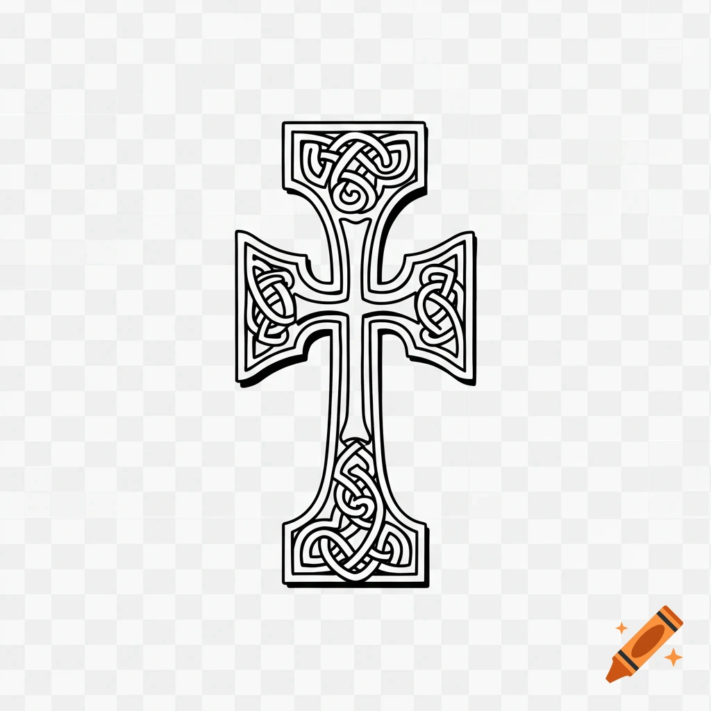 A minimalist black outline of an Armenian khachkar cross with intricate knotwork patterns, on a transparent background.
